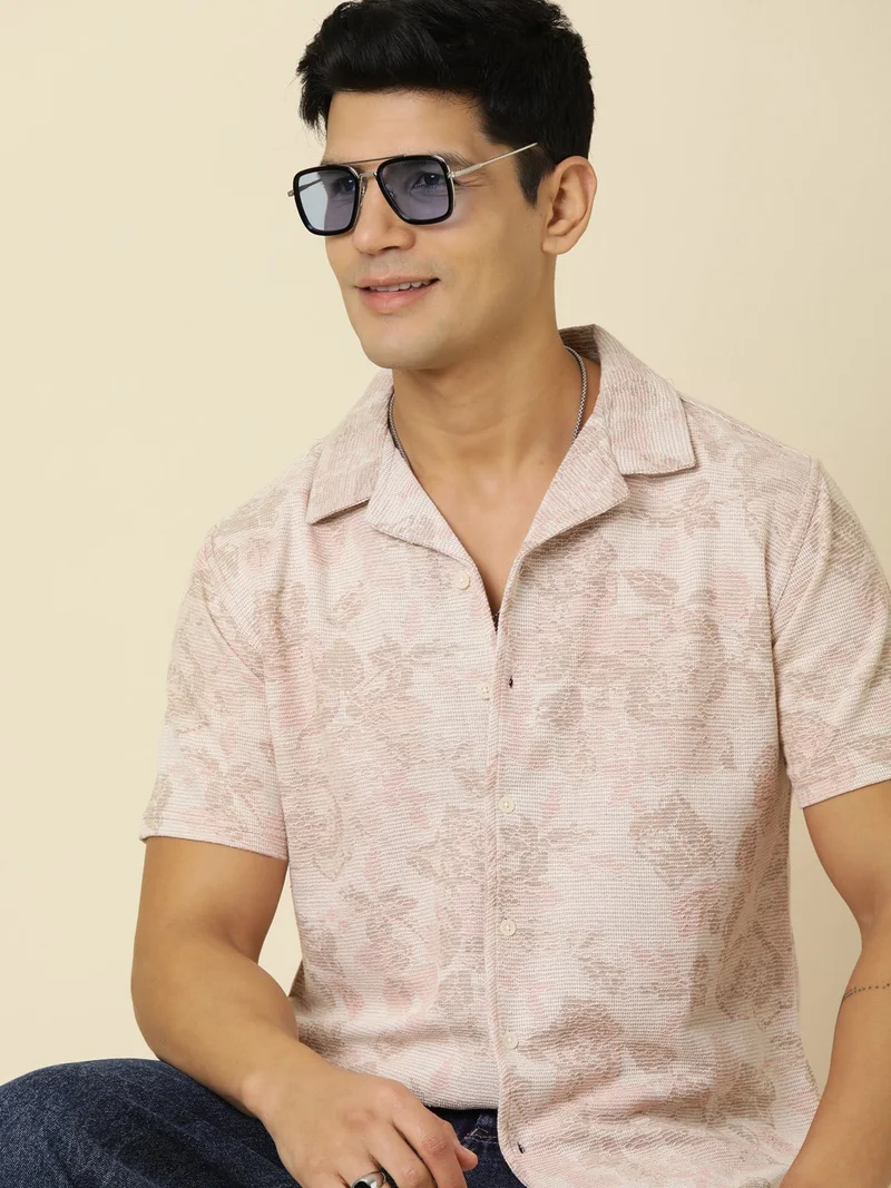 جوفن قميص رجالي مطبوع كاجوال خوخي واسع نصف كم